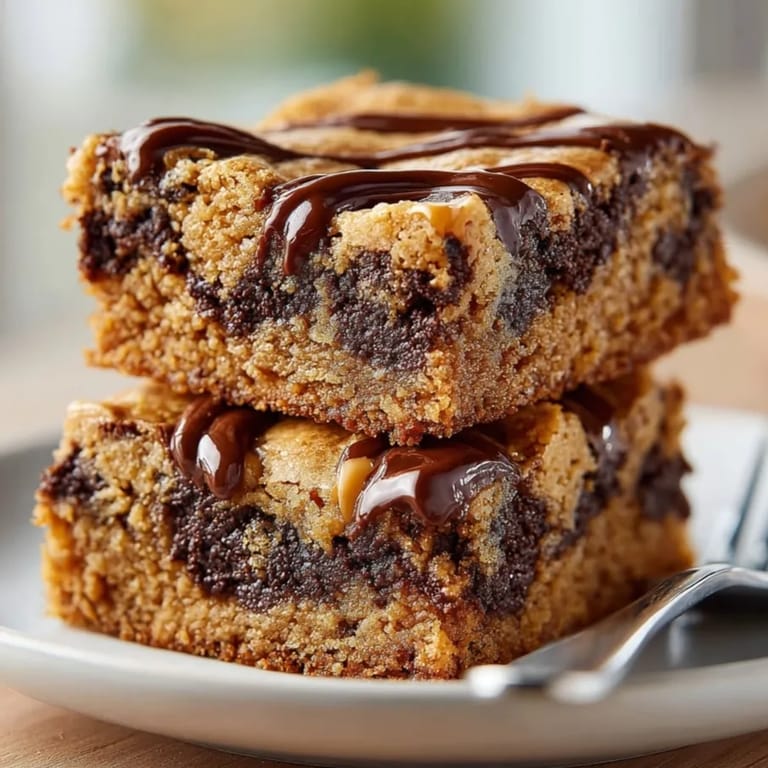Golden chocolate peanut butter blondies cooling in pan, rich aroma and melty pockets of chocolate