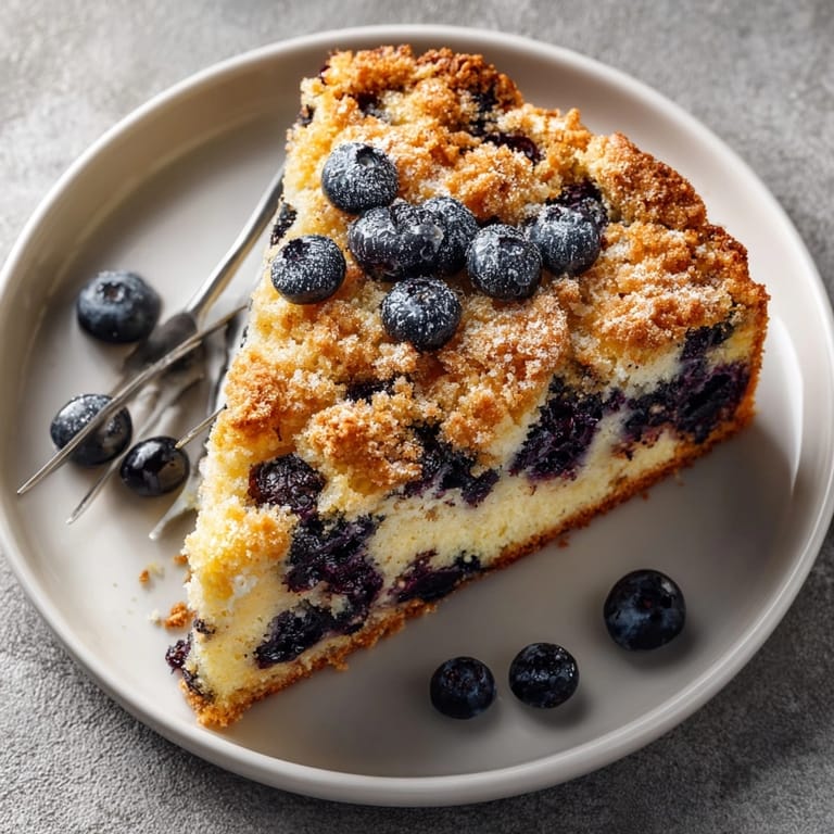 Moist Ricotta Blueberry Breakfast Cake served for brunch, dusted lightly with powdered sugar.
