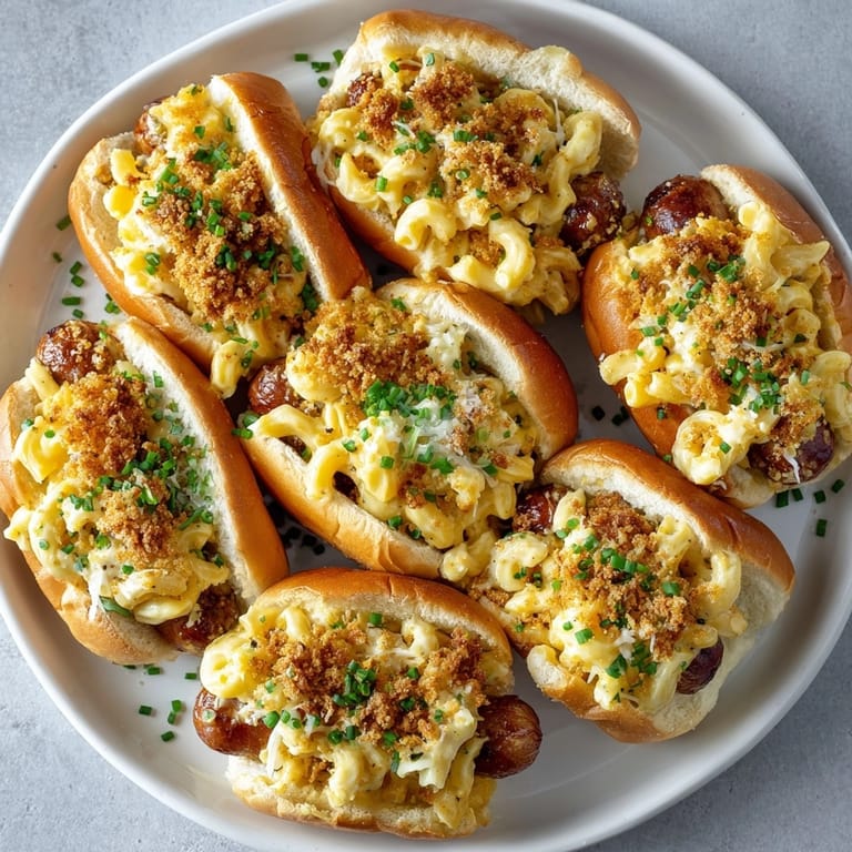 Freshly baked mac and cheese hot dog sliders topped with chives, served warm on a platter.