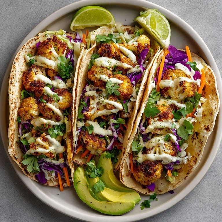 Plated Garlic Roasted Cauliflower Tacos bursting with bold flavors and served with zesty lime wedges.