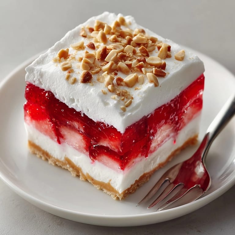 Chilled Peanut Butter Jello Salad squares served on a plate, topped with extra whipped cream.