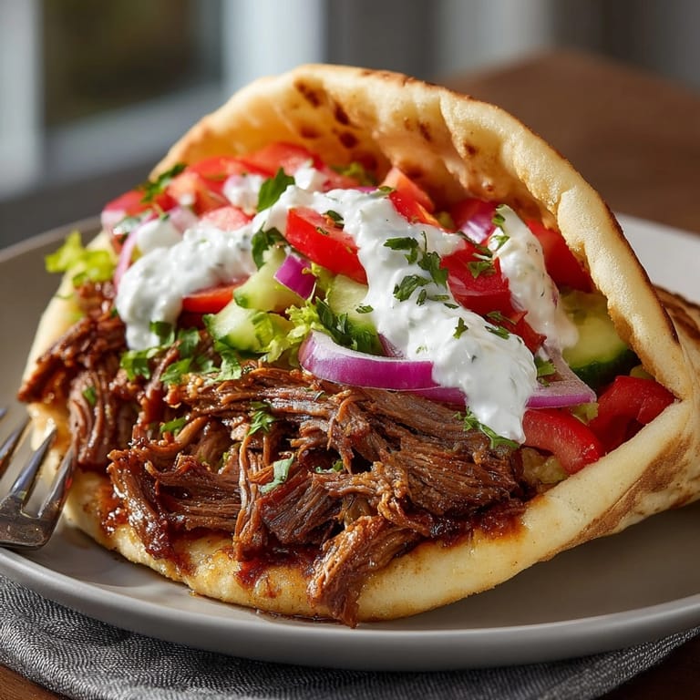 Juicy slow cooker beef gyros loaded in pita pockets with fresh tomato, cucumber, and sauce.