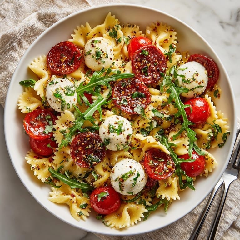 Hot Honey Pasta Salad Recipe served chilled, topped with arugula and mozzarella, perfect for summer picnics