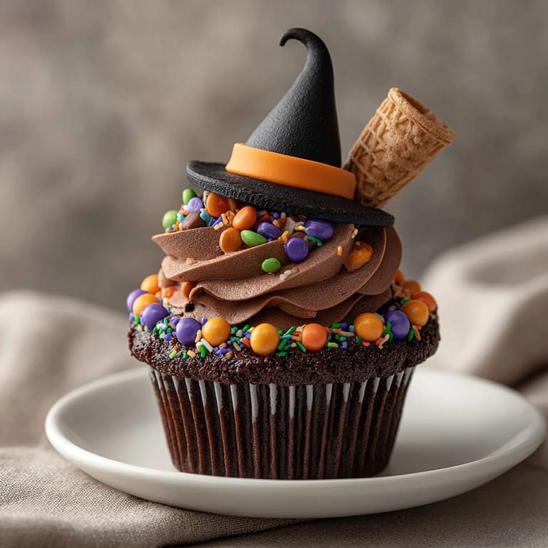 Finished Witch Hat Surprise Cupcakes presented on a plate, ready for a spooky celebration.