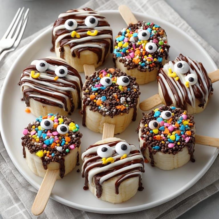 Easy Spooky Chocolate-Covered Banana Bites recipe: creamy frozen bananas dipped in dark chocolate and sprinkles.