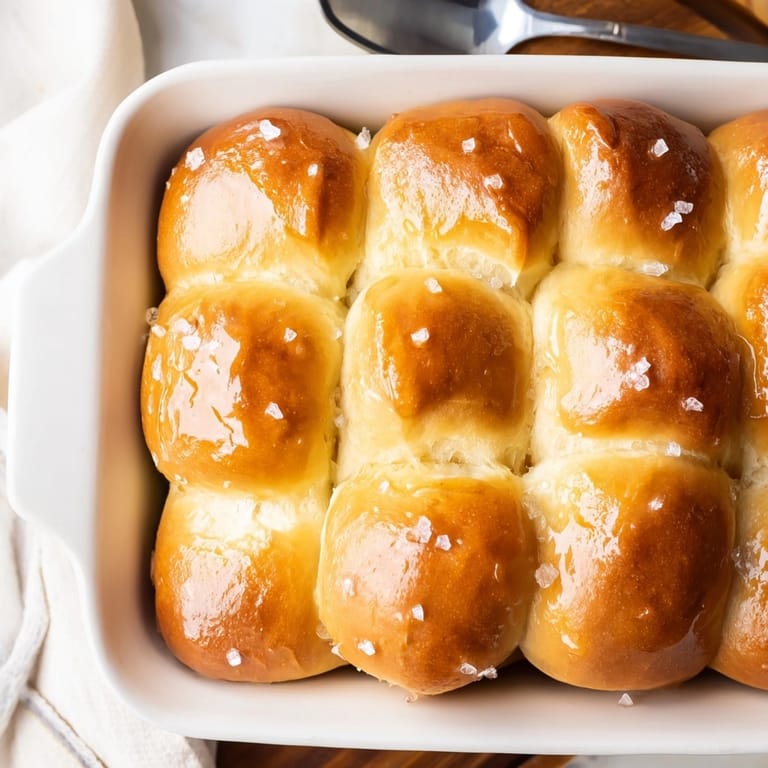 Close-up of soft, golden Salted Honey Butter Parker House Rolls, hints of sweet honey.