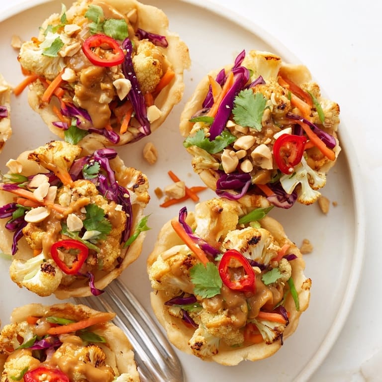 Close-up of flavorful Thai Peanut Cauliflower Taco Cups, a fusion appetizer ready to eat.