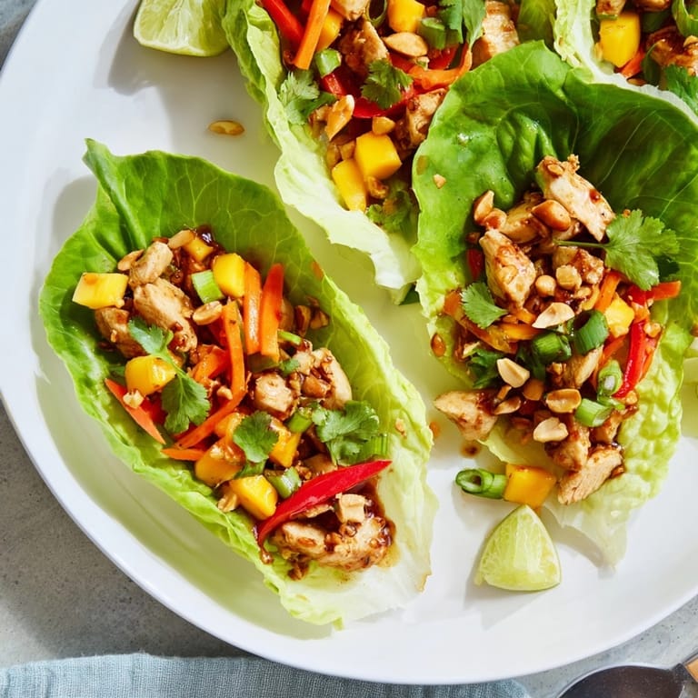 Golden chicken filling with sweet mango chunks inside crisp lettuce: Mango Chili Chicken Cups.
