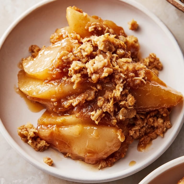 Buttery Cinnamon Caramel Pear Crumble, warm and fragrant, ready to serve with vanilla bean ice cream.