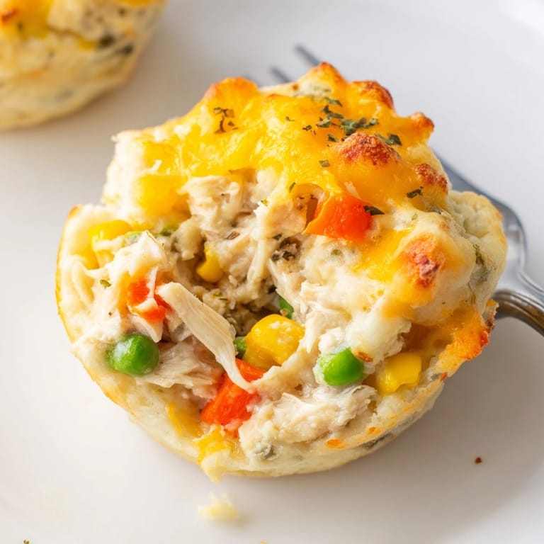Warm, creamy Cheesy Garlic Chicken Pot Pie Muffins fresh from the oven; savory aroma.