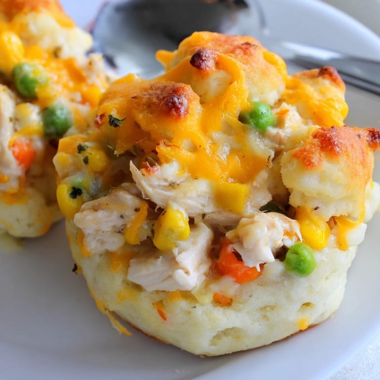 Easy Cheesy Garlic Chicken Pot Pie Muffins recipe; baked, cheesy, and family-friendly dinner.