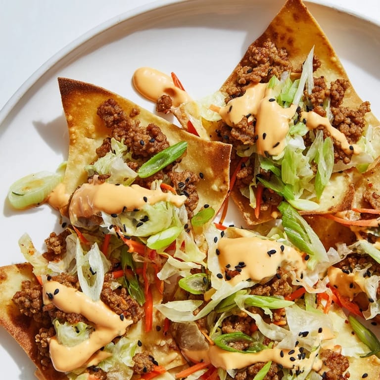 Delicious Japanese Gyoza Nachos served on a platter, drizzled with zesty mayo.  