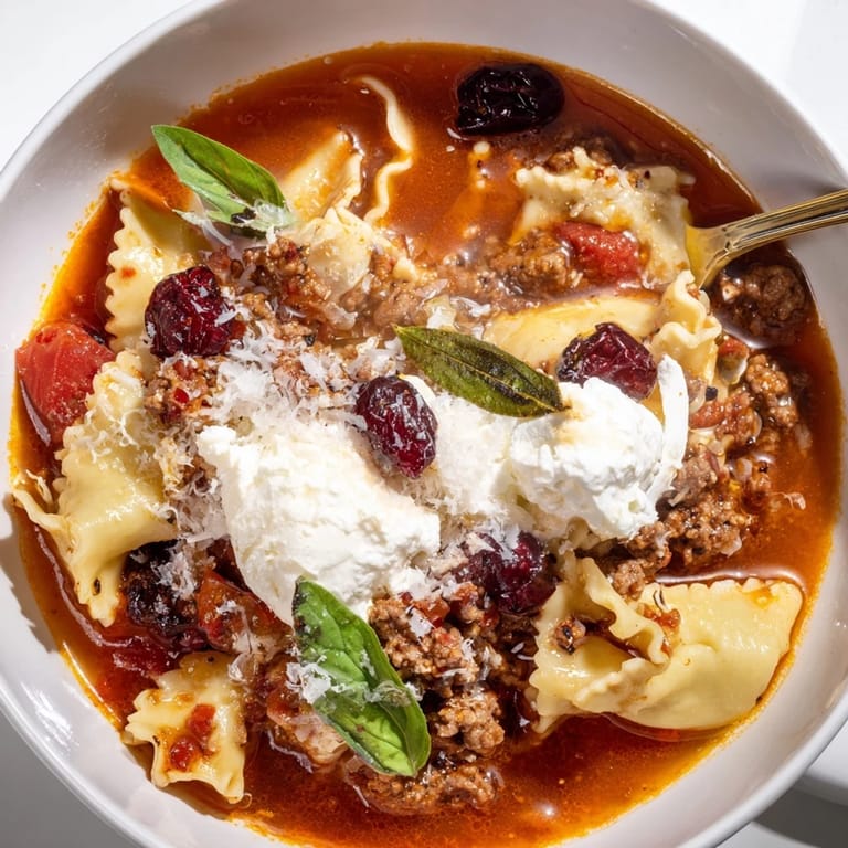 Hearty Lasagne Soup with Roasted Cranberries, rich tomato broth, and flavorful sausage blend.  
