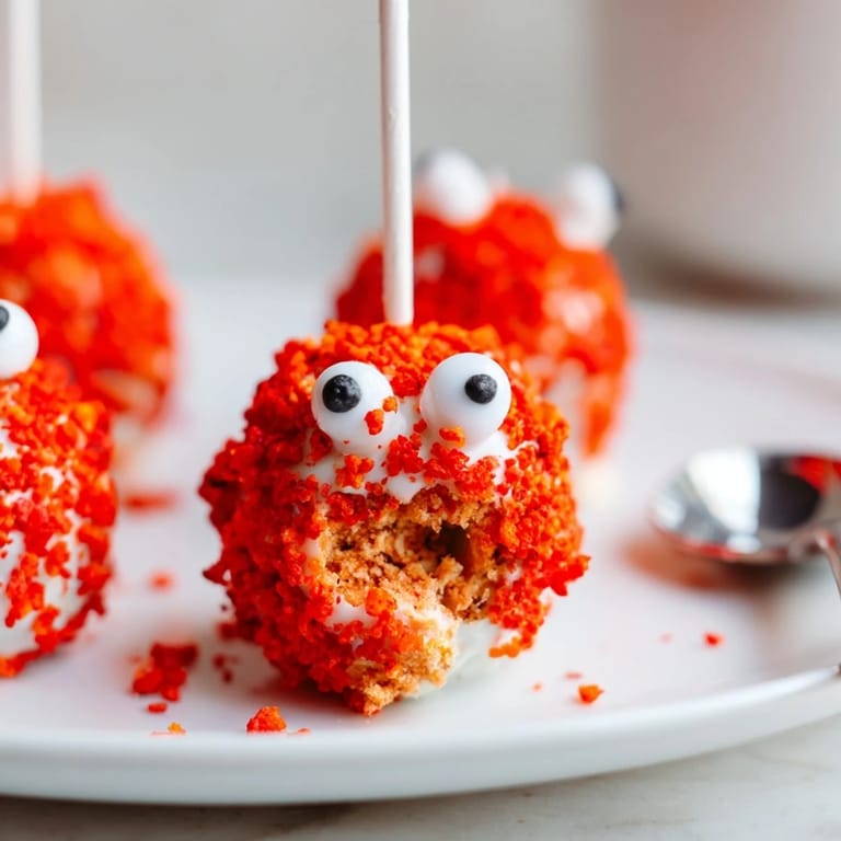 Vibrant Flamin Hot Dill Pickle Sweet Potato Monster Cake Pops with candy eyes ready for fun bites.  