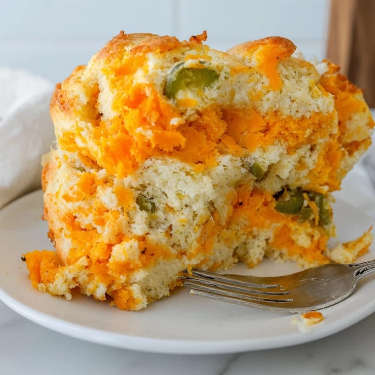 Slice of Sweet Potato Cheesy Jalapeño Biscuit Muffin Loaf topped with melted cheddar cheese, invitingly fluffy.