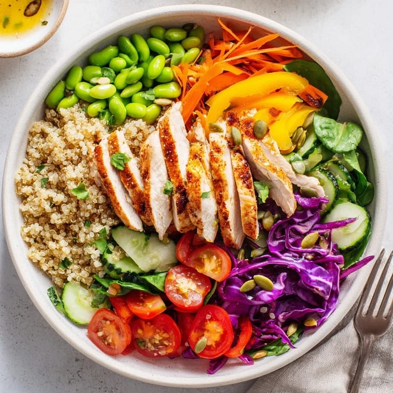 Savory healthy meal-prep bowls featuring quinoa, grilled chicken, and fresh veggies.  