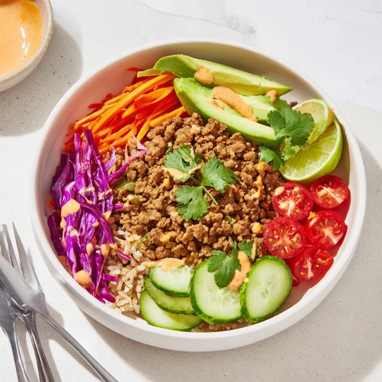 Vibrant plant-based meat bowl featuring quinoa, fresh toppings, and bold flavors.