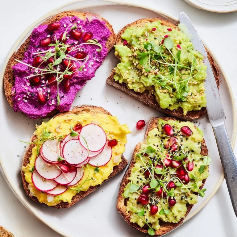 Bright & bold breakfast toasts piled high with radish slices and pomegranate seeds.