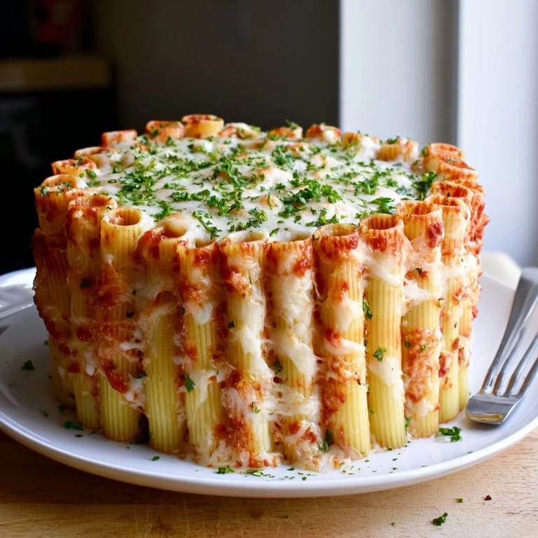 Delicious Honeycomb Pasta Cake filled with creamy ricotta and savory tomato sauce.  