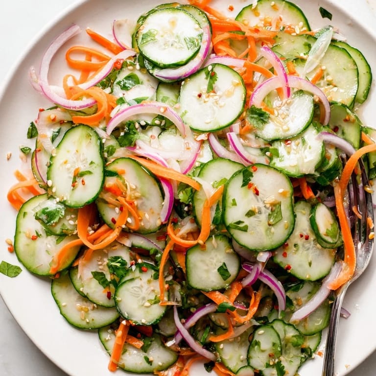 Zesty cucumber salad remix featuring bright carrots and a tangy dressing for delightful crunch.