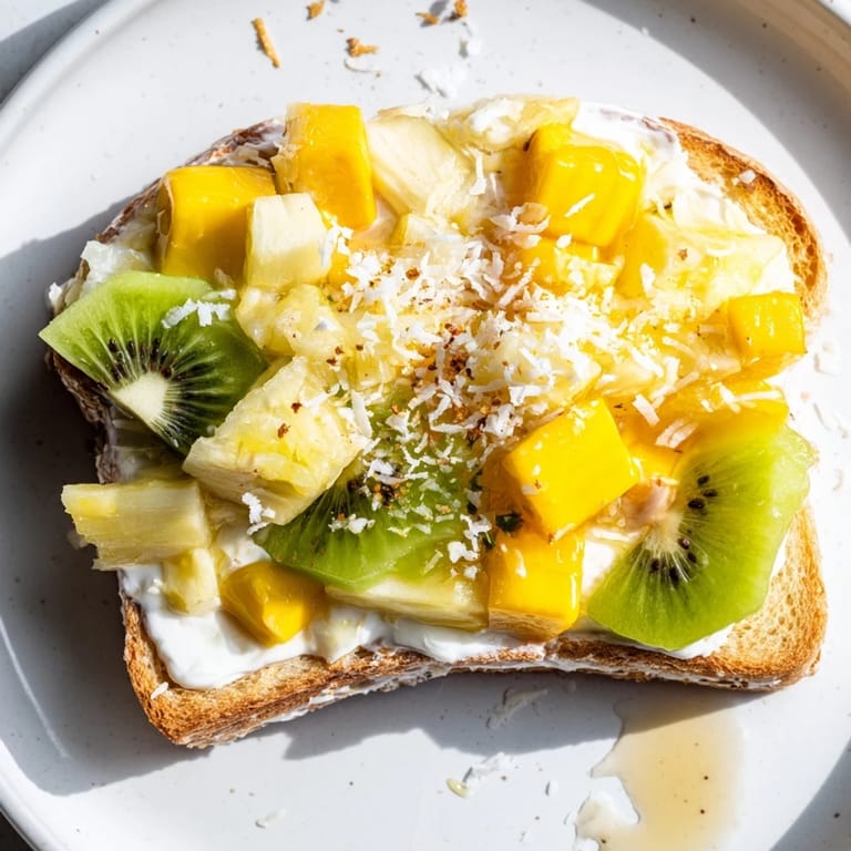 Golden-baked yogurt-custard toast garnished with mango and kiwi for a tropical flavor burst.