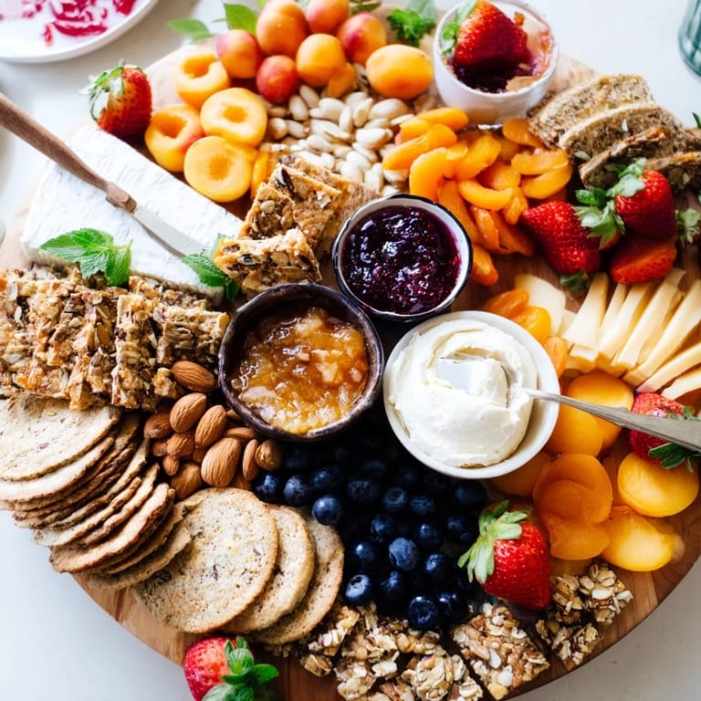 Colorful combination of creamy cheeses and sweet jams on a rustic wooden platter.  