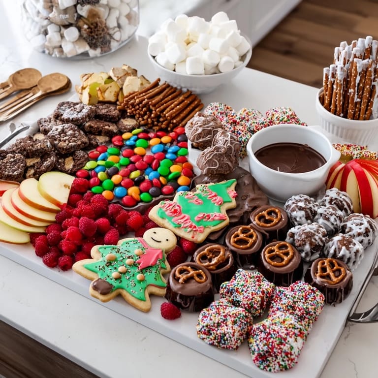 Colorful arrangement of sweet treats and fruits on a custom dessert board.  