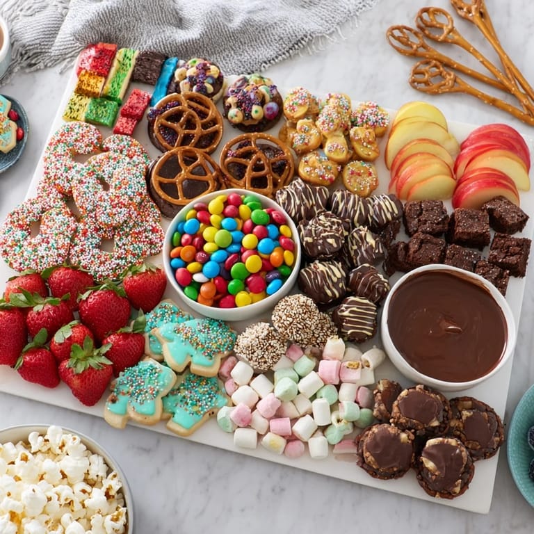 Festive dessert board featuring cookies, candies, and chocolate for joyous parties.
