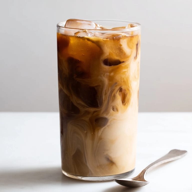 A deliciously smooth Tahini Iced Coffee topped with plant-based milk and ice.