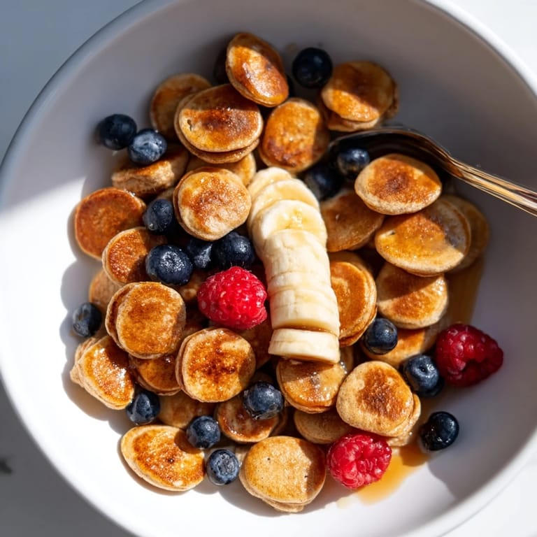 Adorable mini pancake cereal, crispy outside and soft inside, perfect for breakfast.