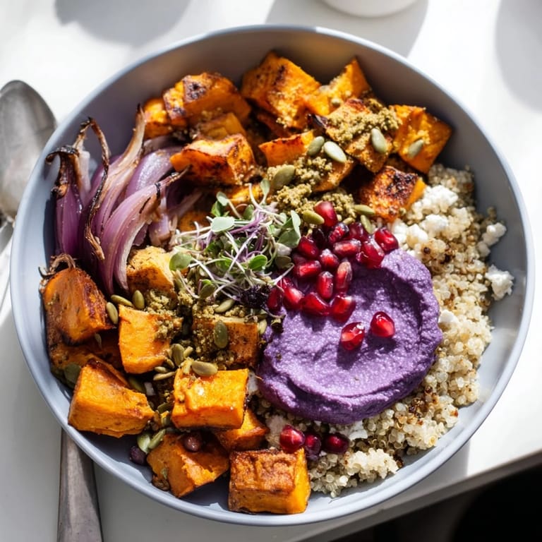 Hearty spiced winter bowls featuring vibrant vegetables and a drizzle of maple syrup.
