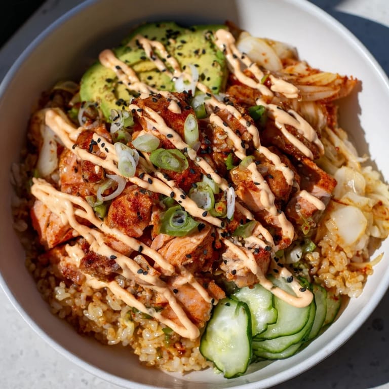 Delicious crispy salmon rice bowl, garnished with tangy kimchi and crunchy garlic.  