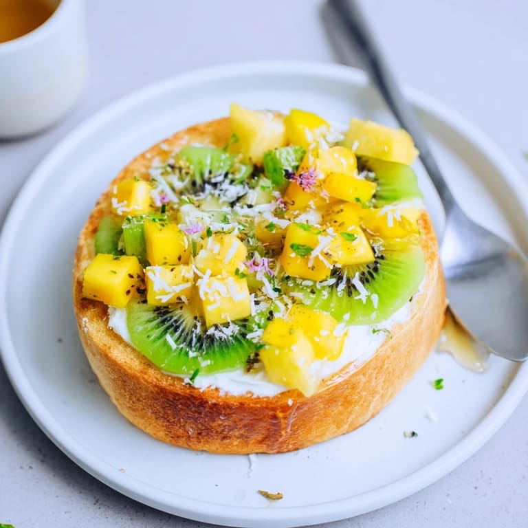 Vibrant Yogurt-Custard Toast, bursting with tropical fruits and drizzled with honey.