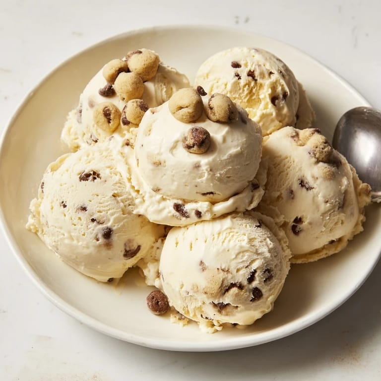 Guilt-free cottage cheese ice cream topped with chewy cookie dough for a sweet treat.  