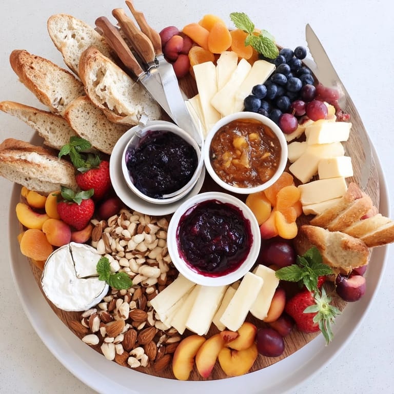 A stunning jam-infused brunch board filled with colorful jams, cheeses, and delightful fruits.  