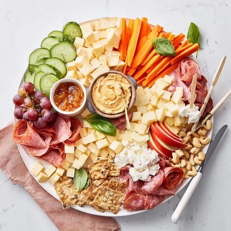 Delicious Girl Dinner Platter brimming with fruits, nuts, and a variety of dips.