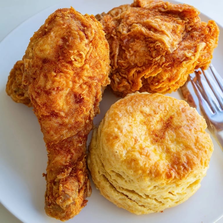 Golden brown fried chicken with flavorful spices, paired with buttery biscuits fresh from the oven.