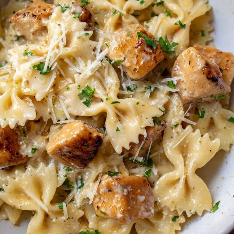 Creamy garlic sauce envelops tender chicken and bowtie pasta in this delicious recipe.  