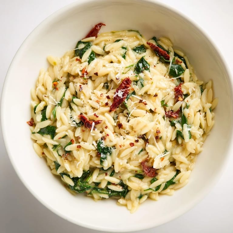 Indulge in a savory Creamy Tuscan Orzo Bowl, perfect for satisfying vegetarian cravings.