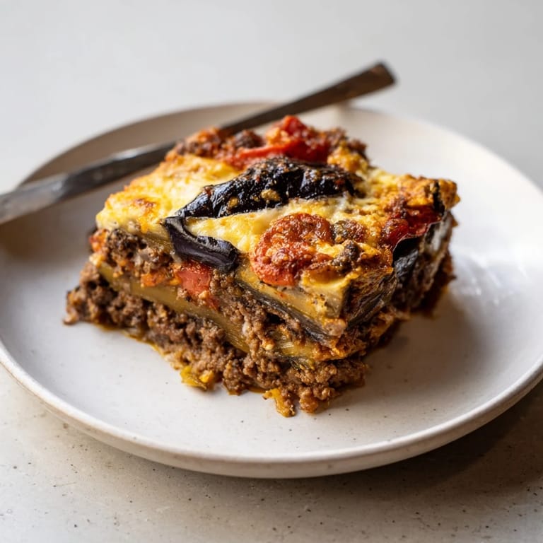 Layers of savory moussaka with beef, eggplant, and a golden cheese crust.  