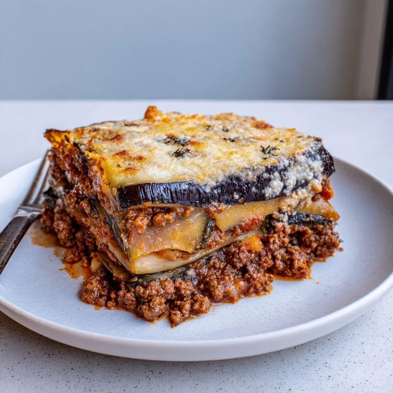 Warm moussaka with eggplant and spiced beef, perfect for cozy dinners.