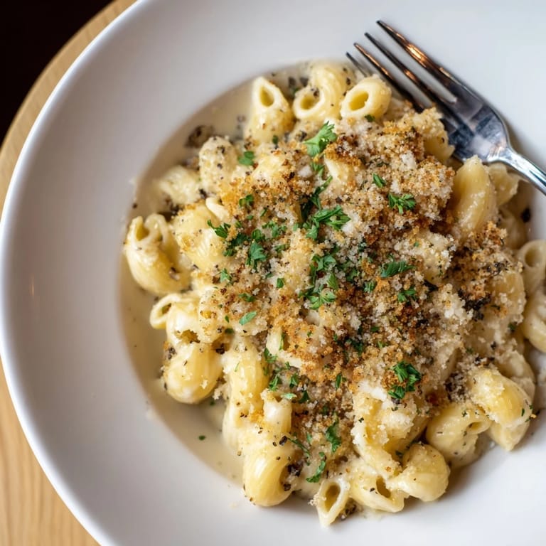 Homemade Truffle Macaroni & Cheese showcasing melty cheeses and crunchy topping, truly irresistible.