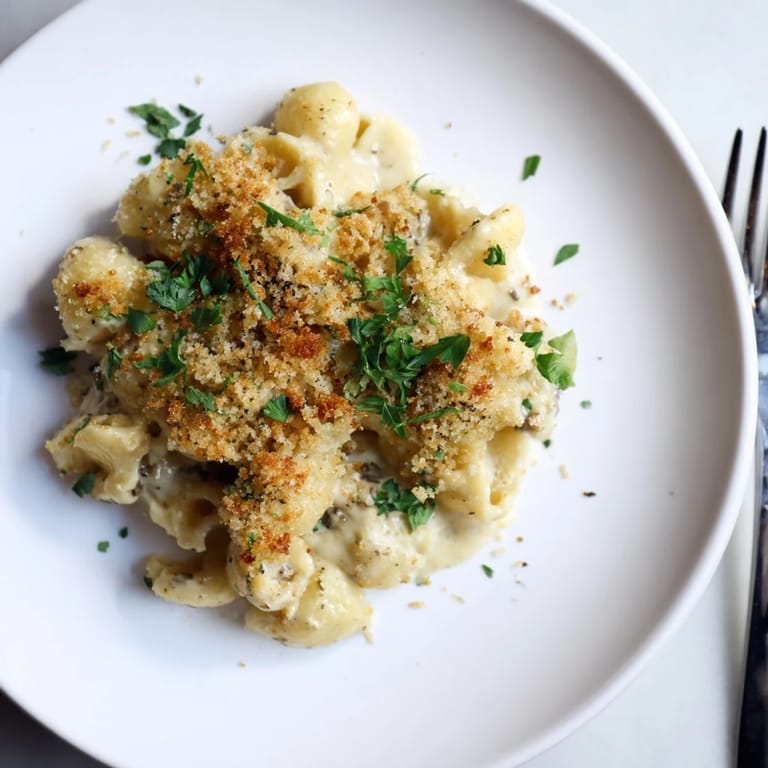 Creamy Truffle Macaroni & Cheese drizzled with aromatic oil, perfect for cozy dinners.  