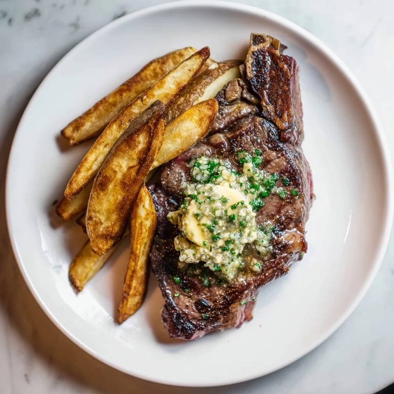 Golden, crispy fries alongside a grilled Steakhouse Garlic Butter Steak, ready for a satisfying, delicious meal.