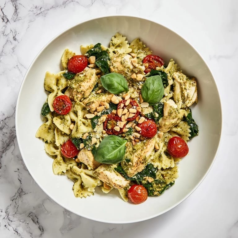 Savory pesto chicken bowtie pasta, served with Parmesan cheese and pine nuts for a delicious dinner.