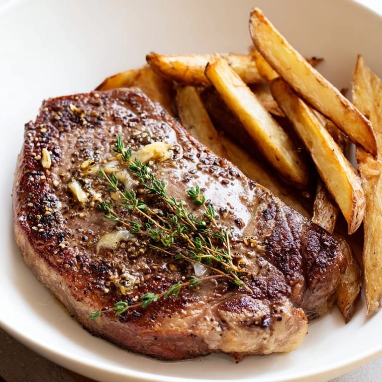 A close-up view presents the juicy Classic Peppercorn Ribeye with creamy sauce and golden, crispy fries for dinner.