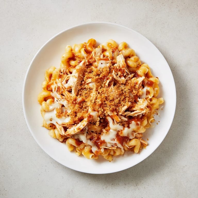 A close-up of creamy Classic Mac & Cheese with BBQ Chicken, ready to be scooped and savored.