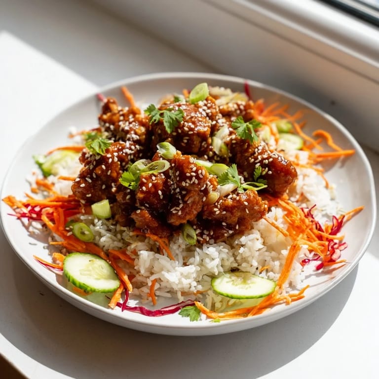 Tender, glazed Sriracha Honey Chicken Rice Bowl, served with fluffy rice and crunchy, fresh vegetables.