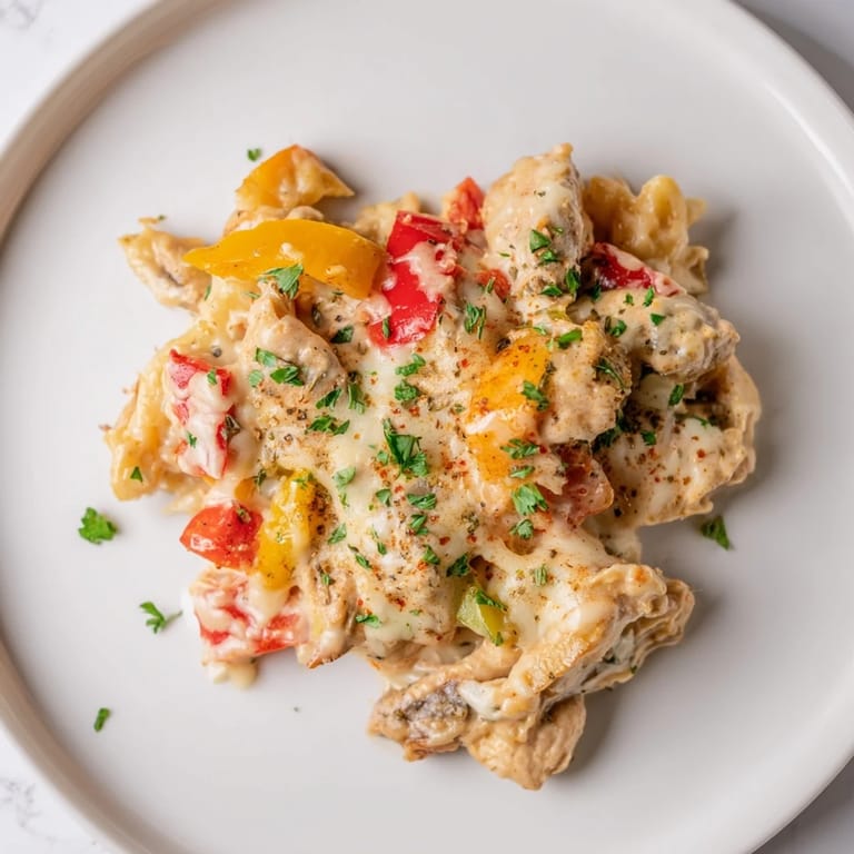 A close-up of a flavorful Cajun Chicken Pasta Bake, showing melted cheese and a hint of parsley garnish.