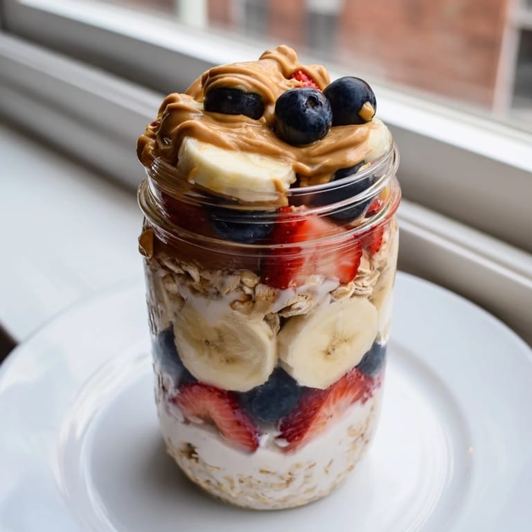 Visualize the vibrant layers of Overnight Oats Jars, a quick breakfast with berries and oat goodness.